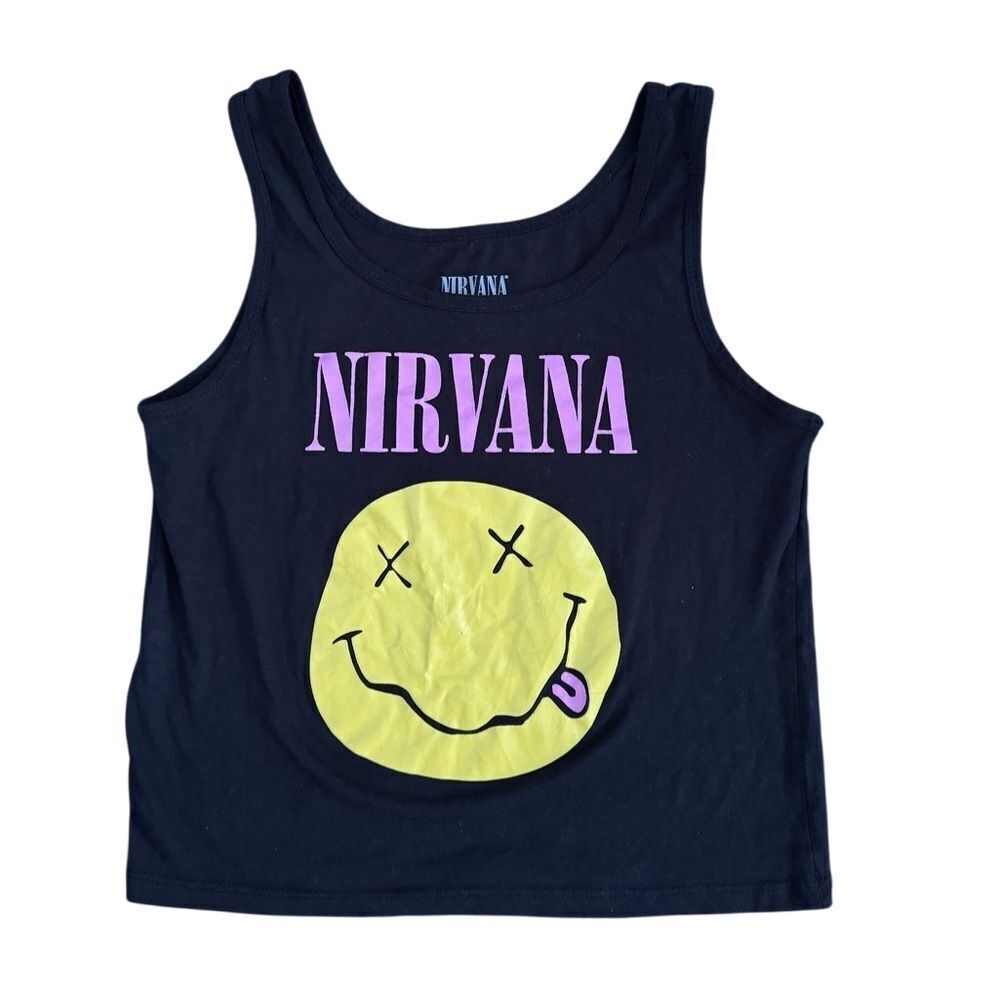 Nirvana Juniors Smiley Girls Crop Top Graphic Tank in Black Size XL